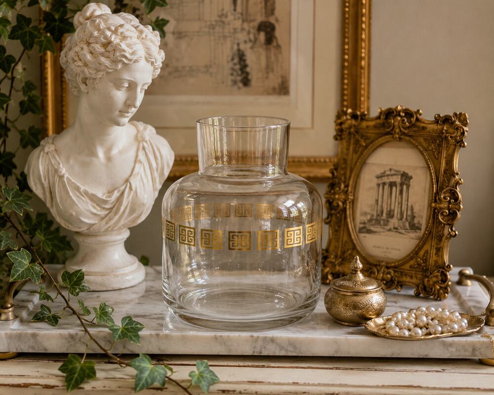 Vintage Greek Key Glass Vase Gold Meander Pattern Hollywood Regency Decor